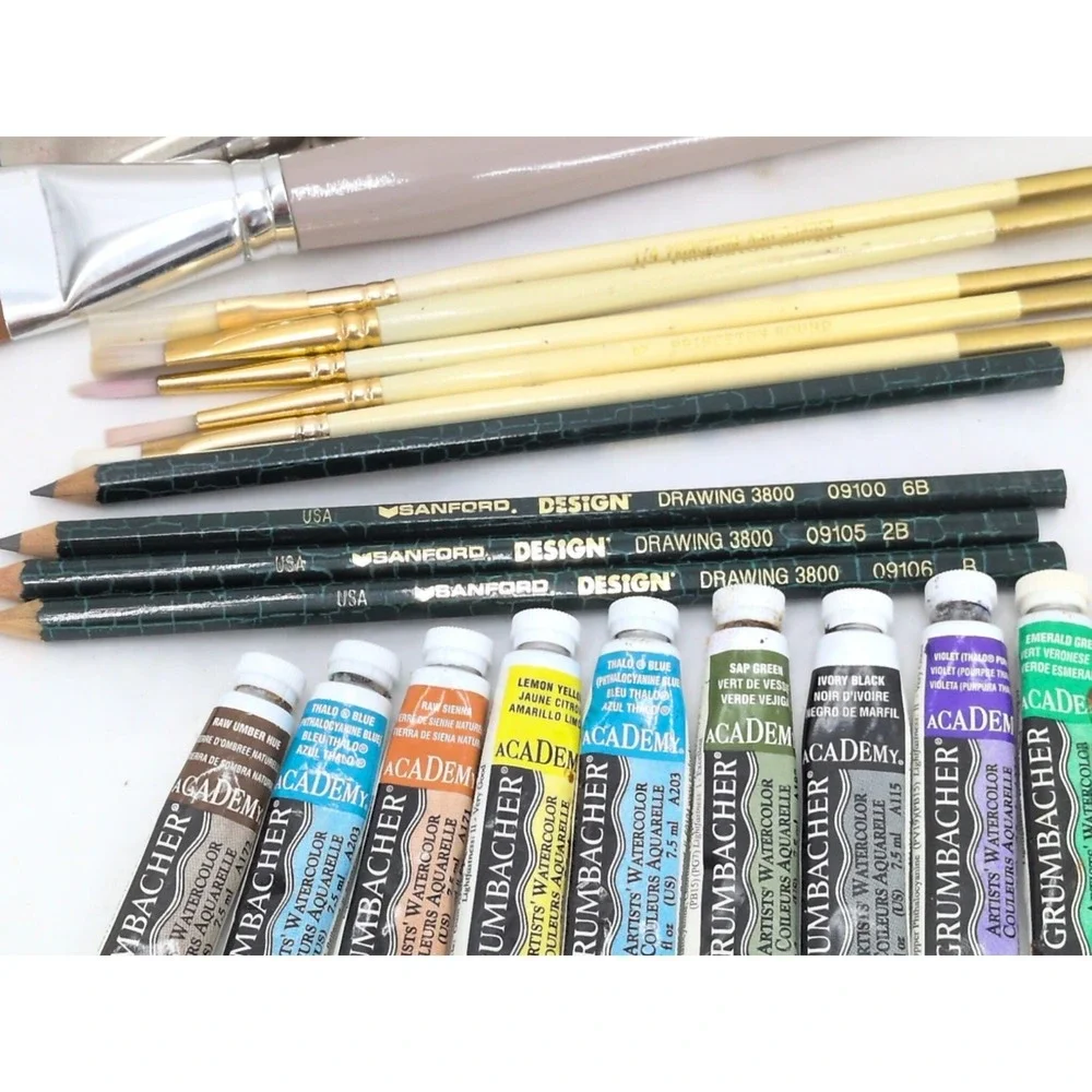 Used Lot of 32 Watercolor Paint  WINSOR NEWTON Grumbacher Cotman Brushes  Used